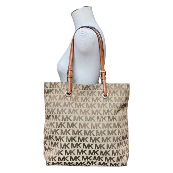 Michael Kors MK Signature Jacquard Jet Set Tote Bag 38S1CTTT3J Brown Tan Gold - Picture 1 of 12
